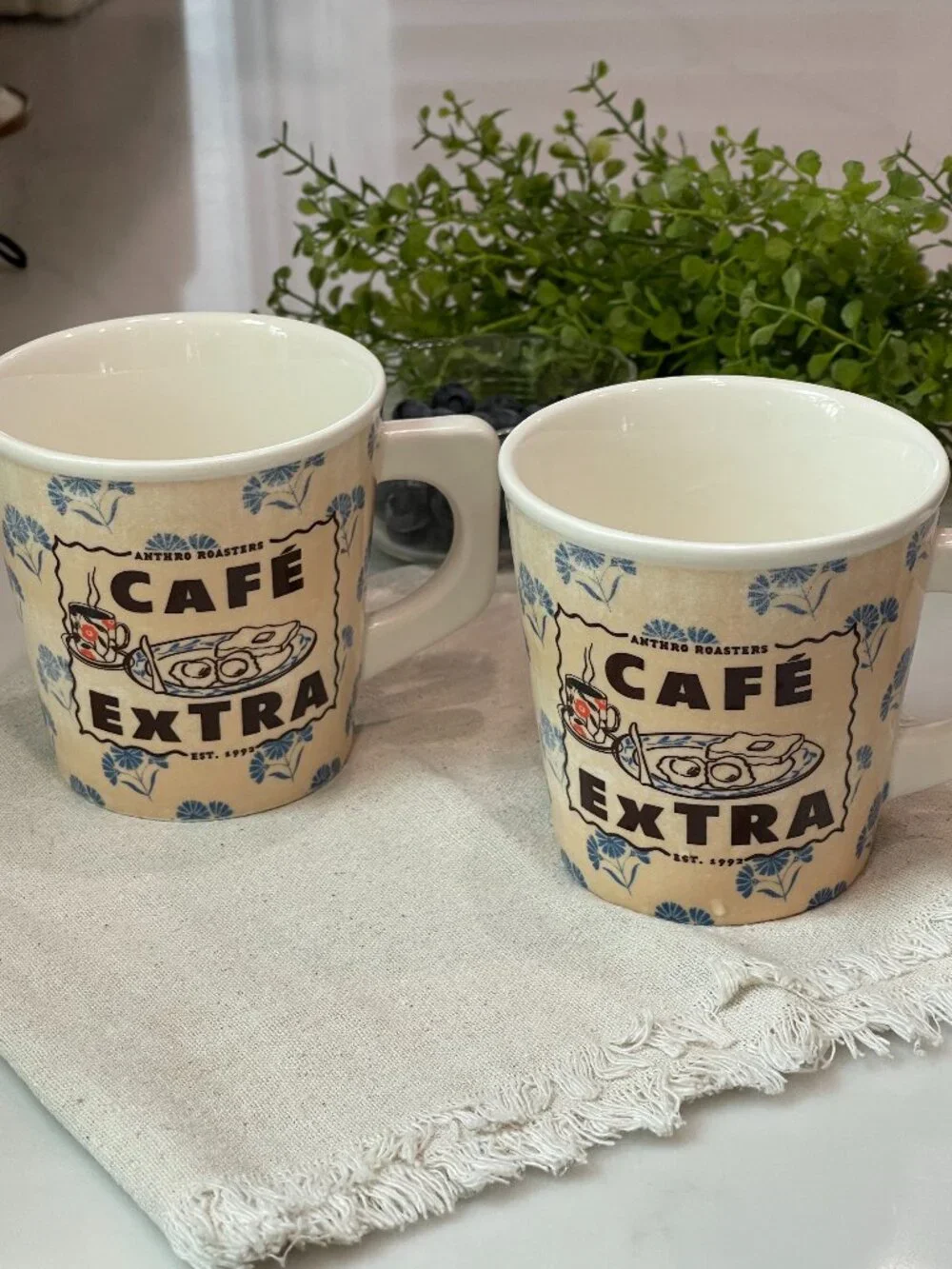 2 Anthropologie Bistro Blue 'Café Coffee Mugs--Retro Coffee Break Memories!